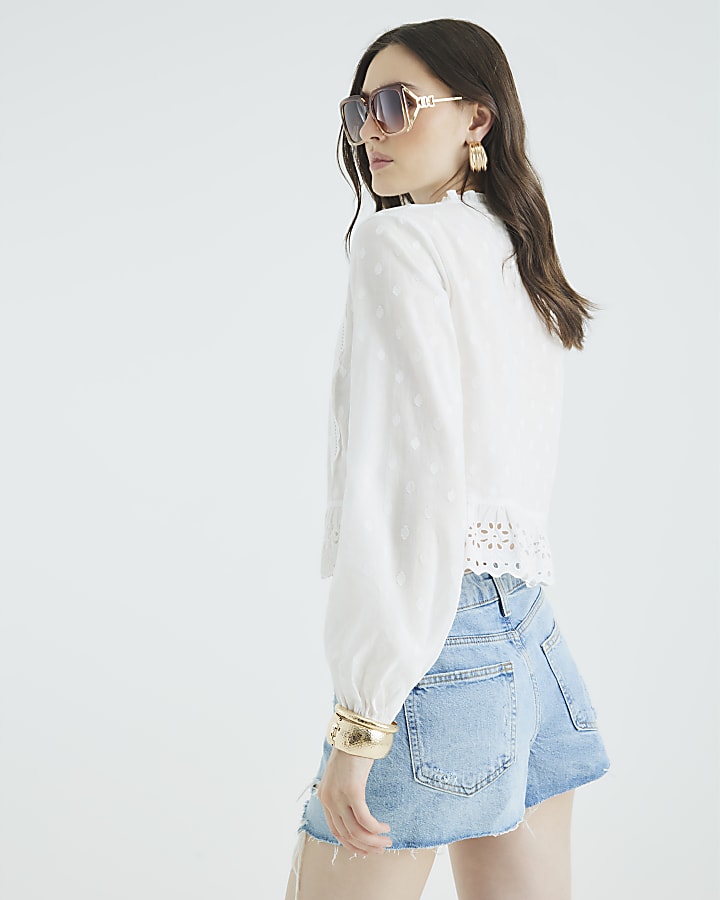 Cream Long Sleeve Broderie Blouse