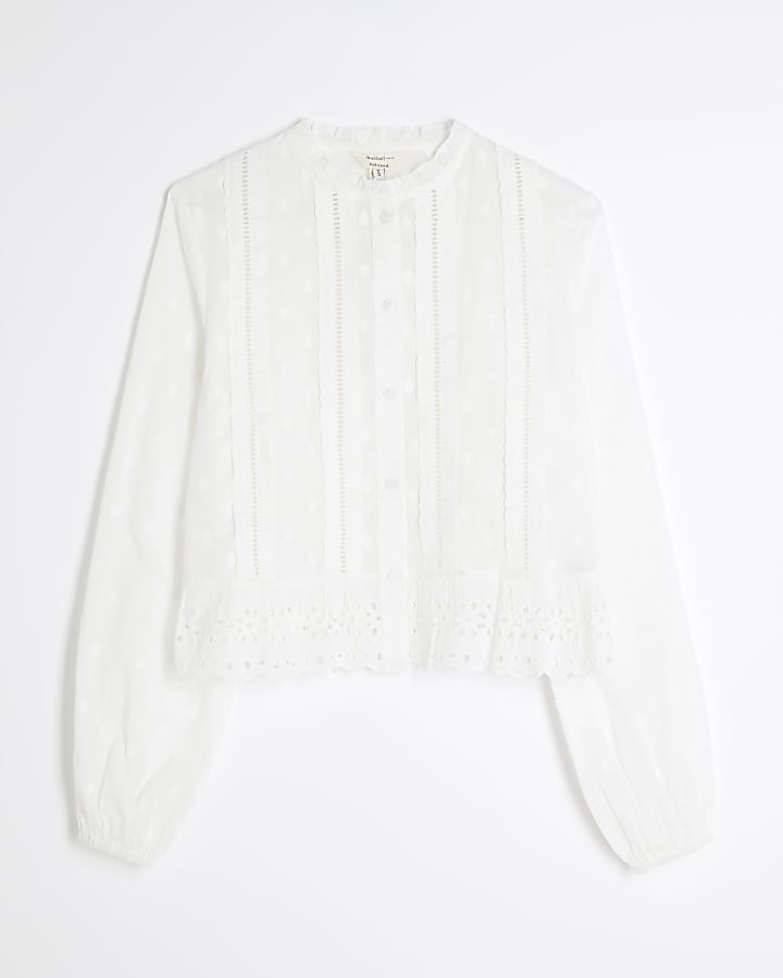 Cream Long Sleeve Broderie Blouse