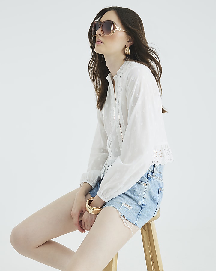 Cream Long Sleeve Broderie Blouse
