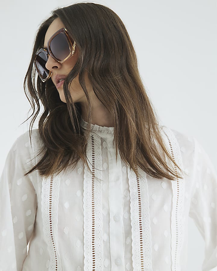 Cream Long Sleeve Broderie Blouse