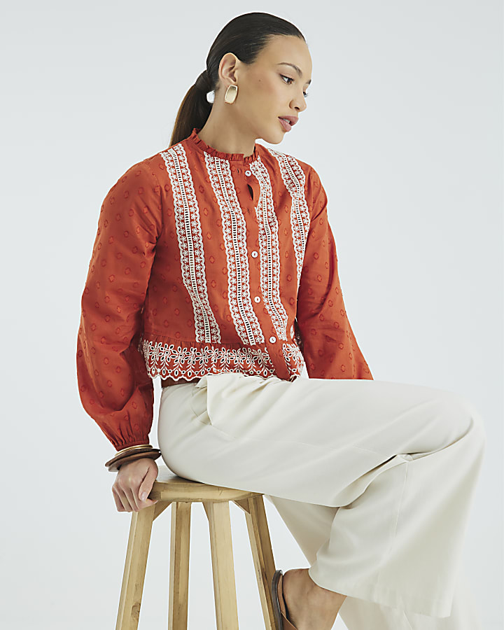 Orange Long Sleeve Broderie Blouse