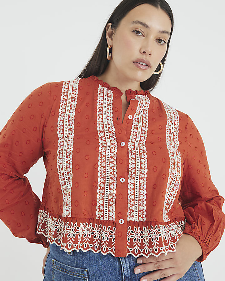 Orange Long Sleeve Broderie Blouse