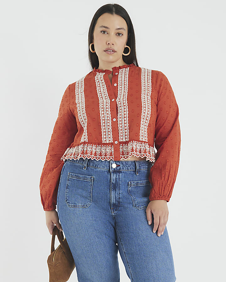 Orange Long Sleeve Broderie Blouse