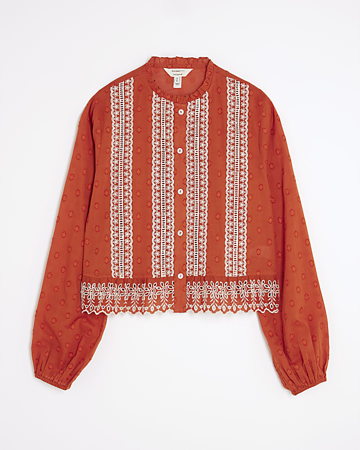 Orange Long Sleeve Broderie Blouse