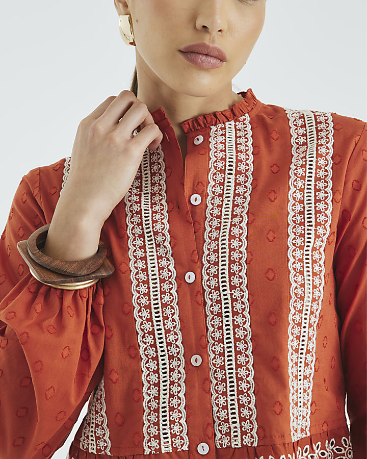 Orange Long Sleeve Broderie Blouse