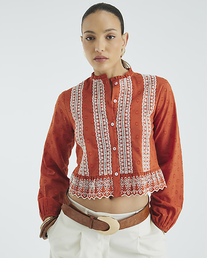 Orange Long Sleeve Broderie Blouse