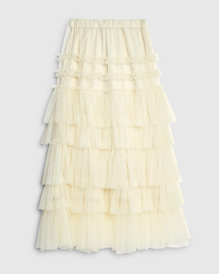 Cream Tulle Mesh maxi Skirt