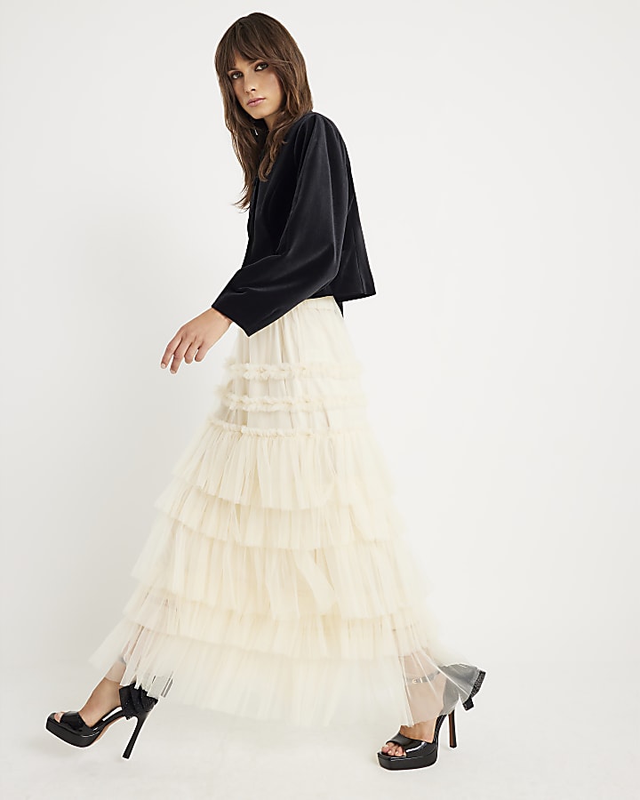Cream Tulle Mesh maxi Skirt