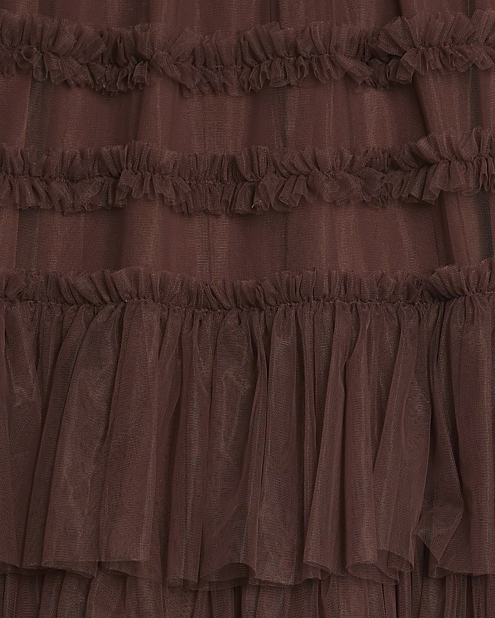 Brown Tulle Mesh Maxi Skirt