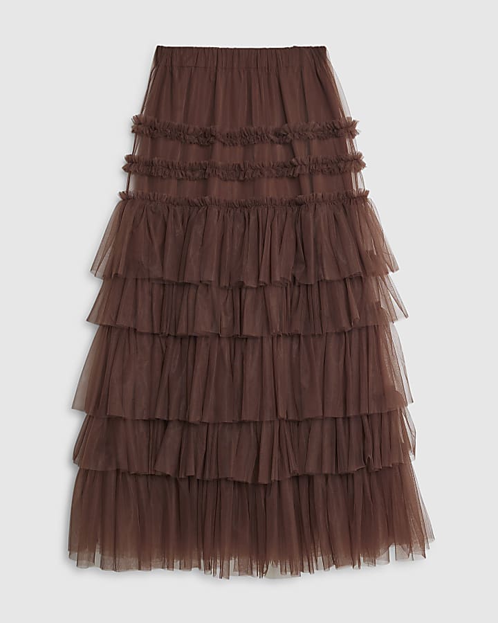 Brown Tulle Mesh Maxi Skirt