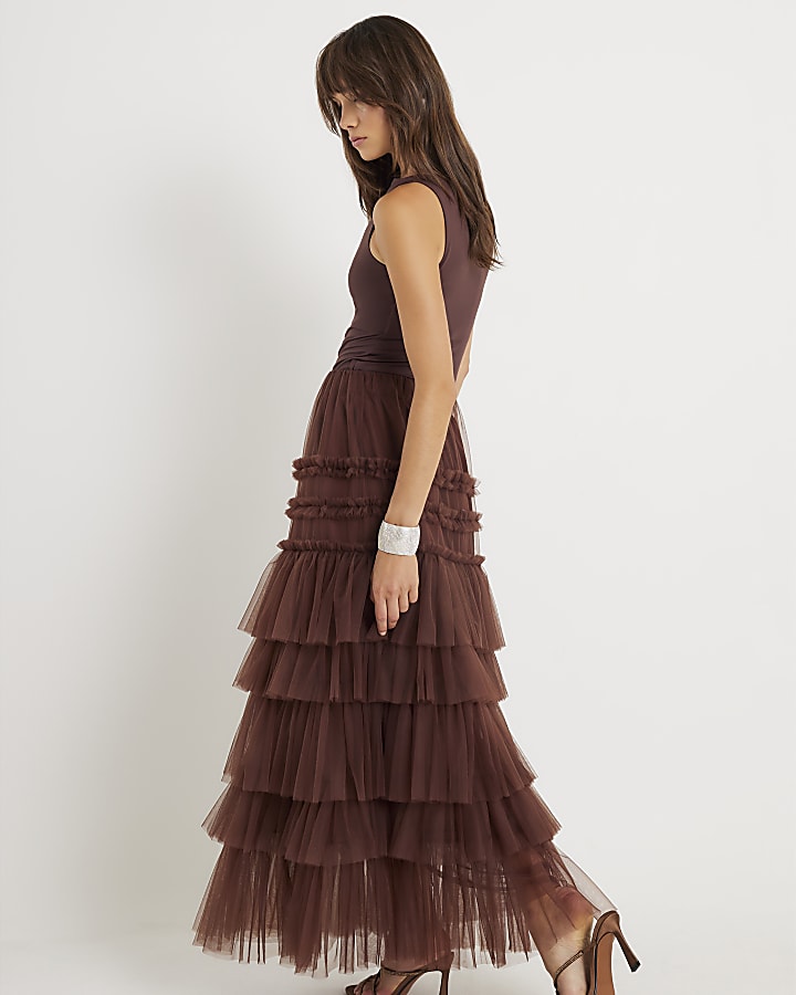 Brown Tulle Mesh Maxi Skirt