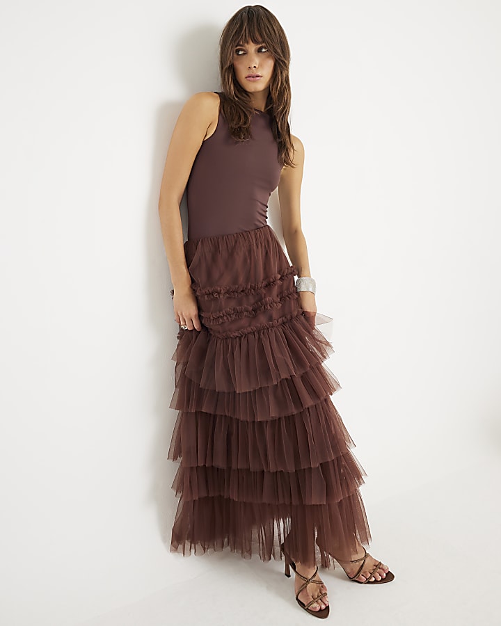 Brown Tulle Mesh Maxi Skirt