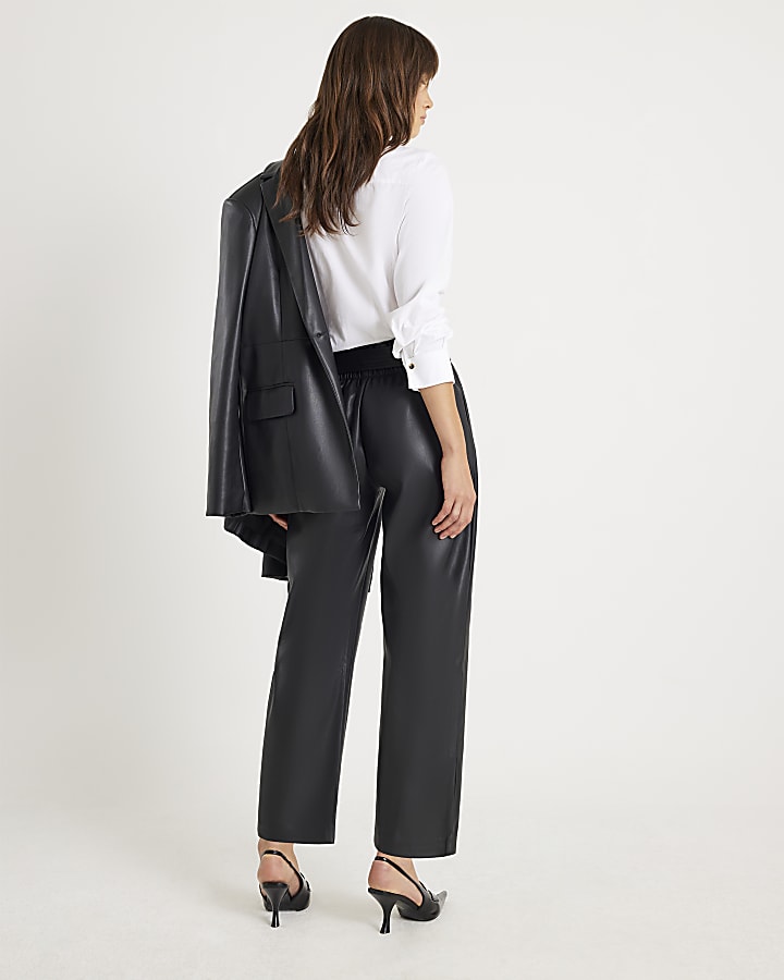 Black Faux Leather Tapered Belted Trousers