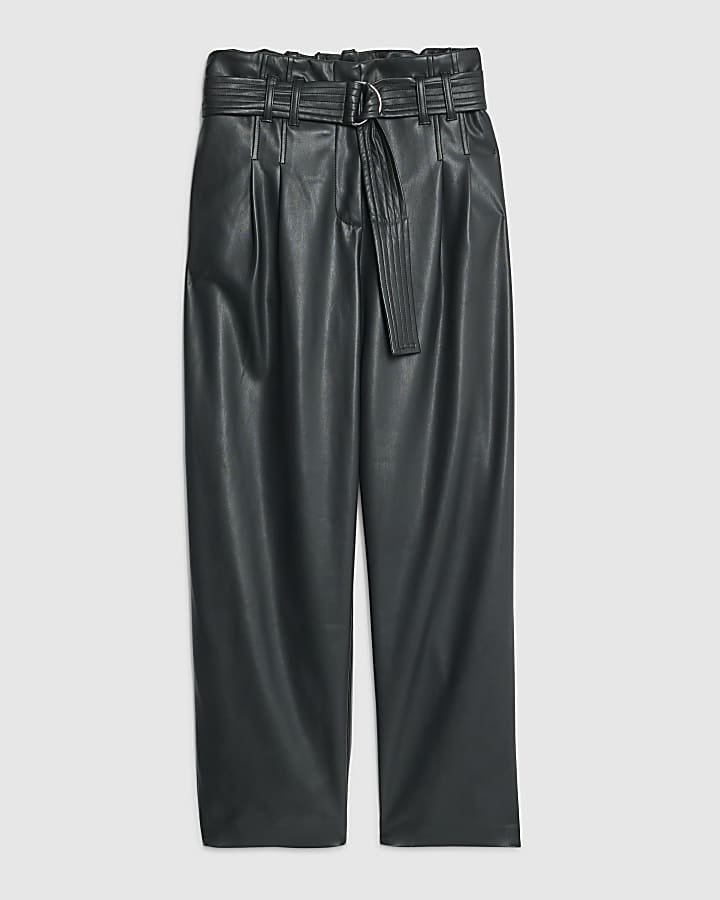 Black Faux Leather Tapered Belted Trousers