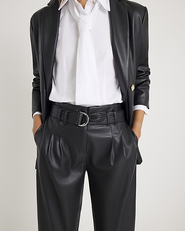 Black Faux Leather Tapered Belted Trousers