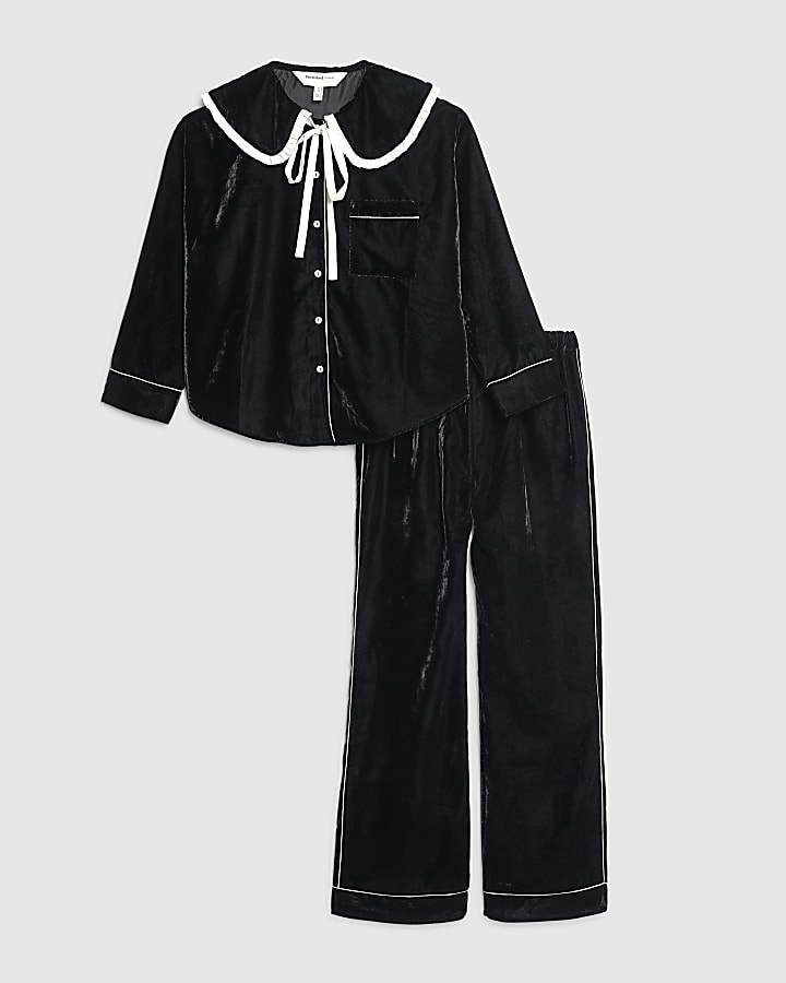 Black Frill Collar Velvet Pyjama Set