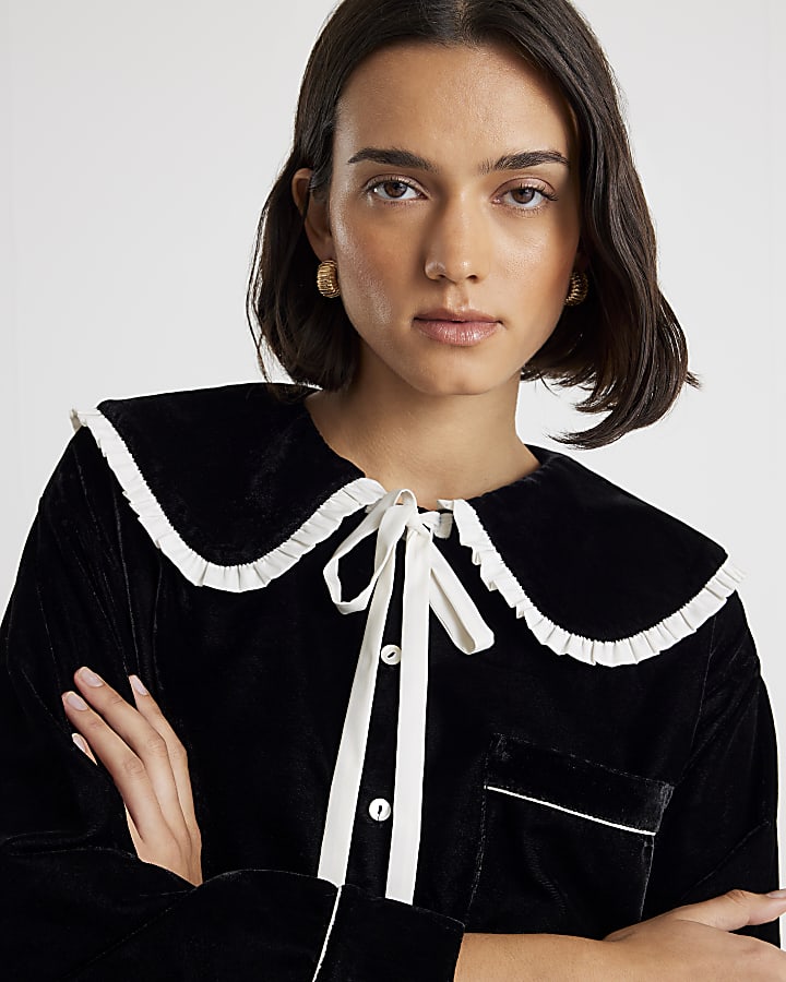 Black Frill Collar Velvet Pyjama Set