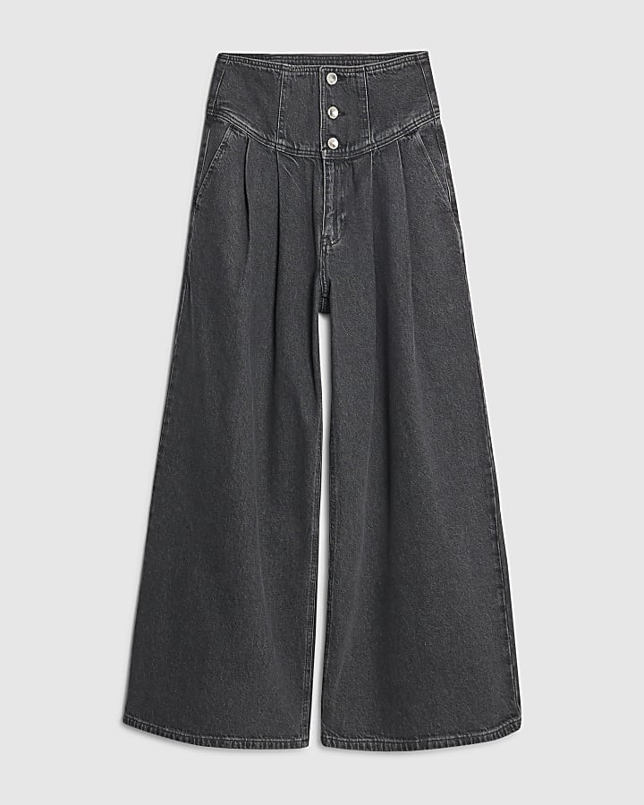Grey Wide Leg Corset Button Up Jeans