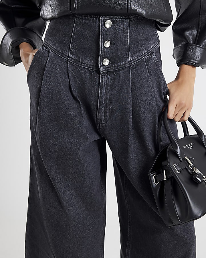Grey Wide Leg Corset Button Up Jeans