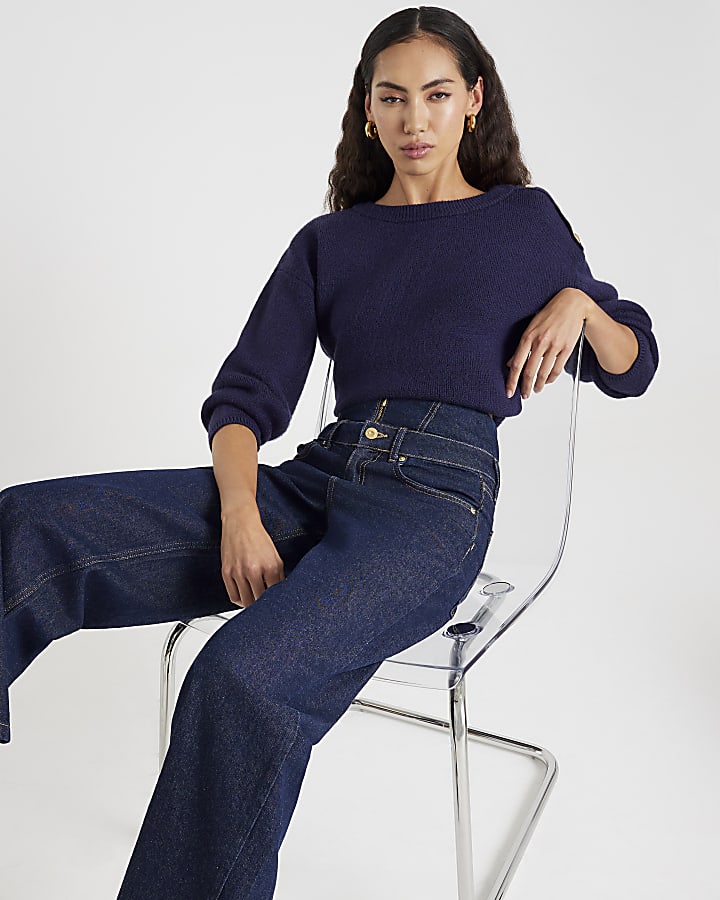 Blue Double Waistband Wide Leg Jeans