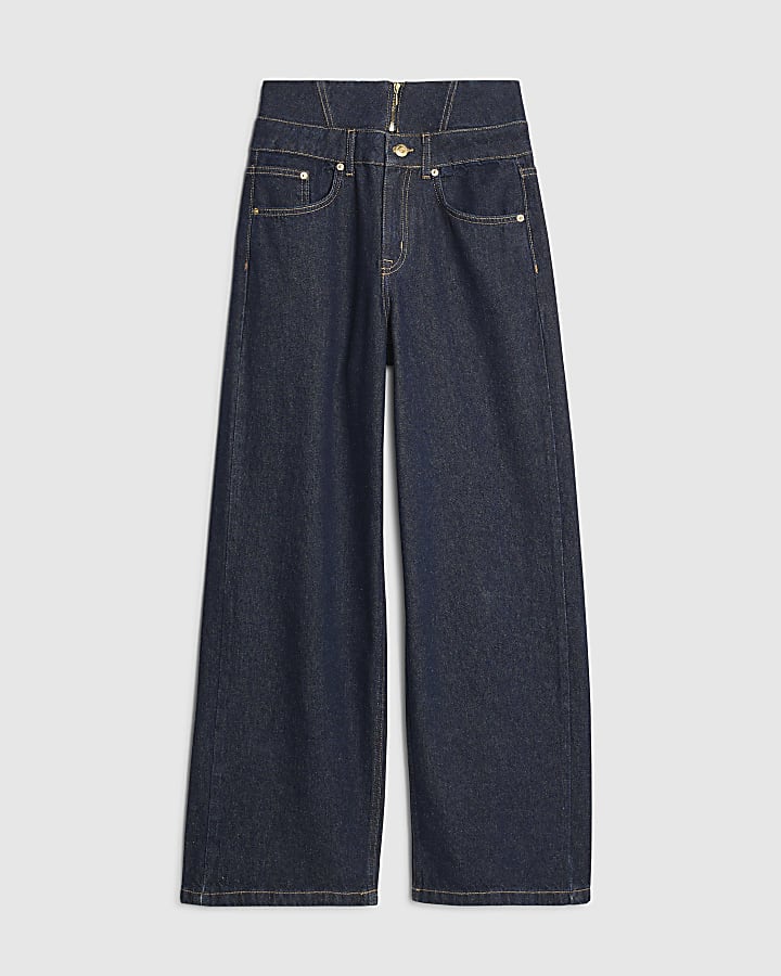 Blue Double Waistband Wide Leg Jeans