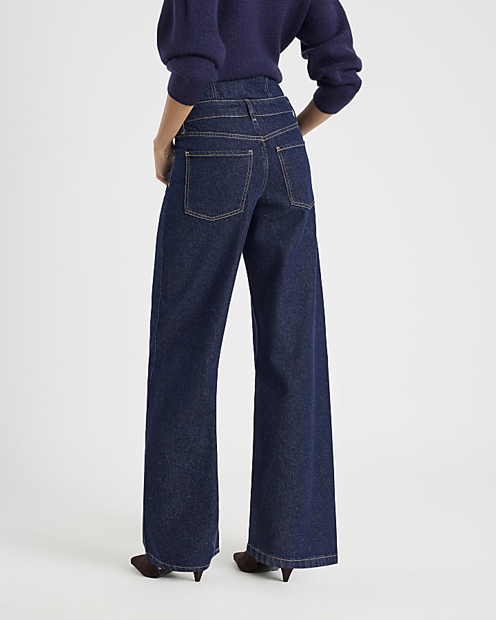 Blue Double Waistband Wide Leg Jeans