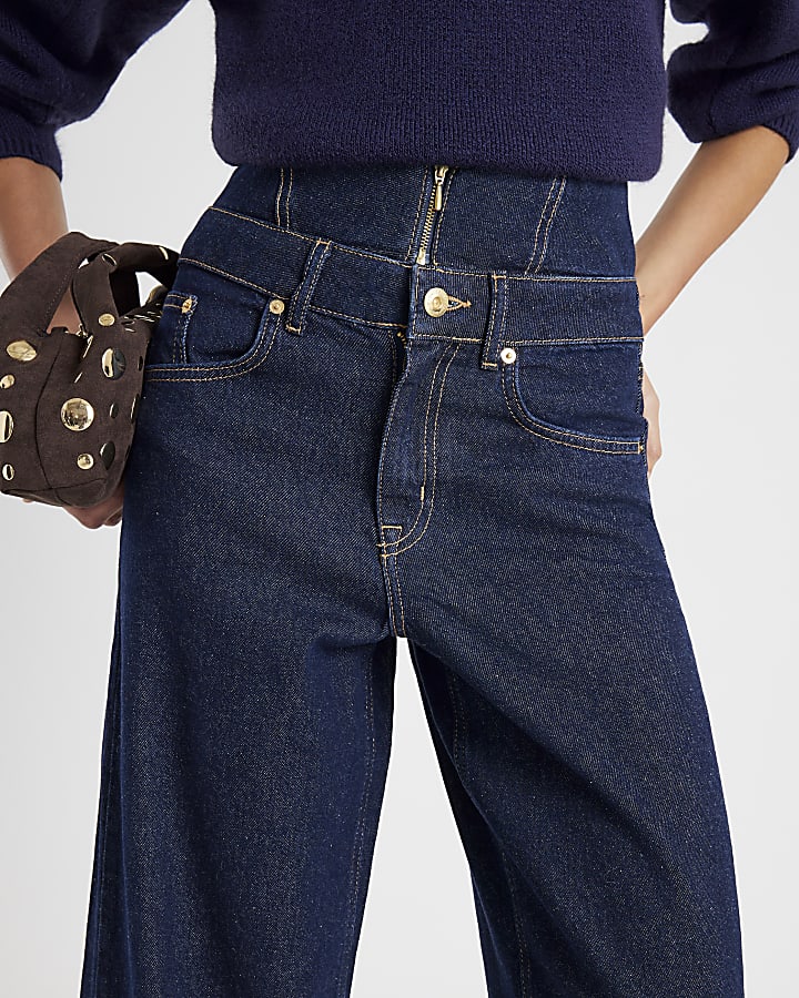 Blue Double Waistband Wide Leg Jeans