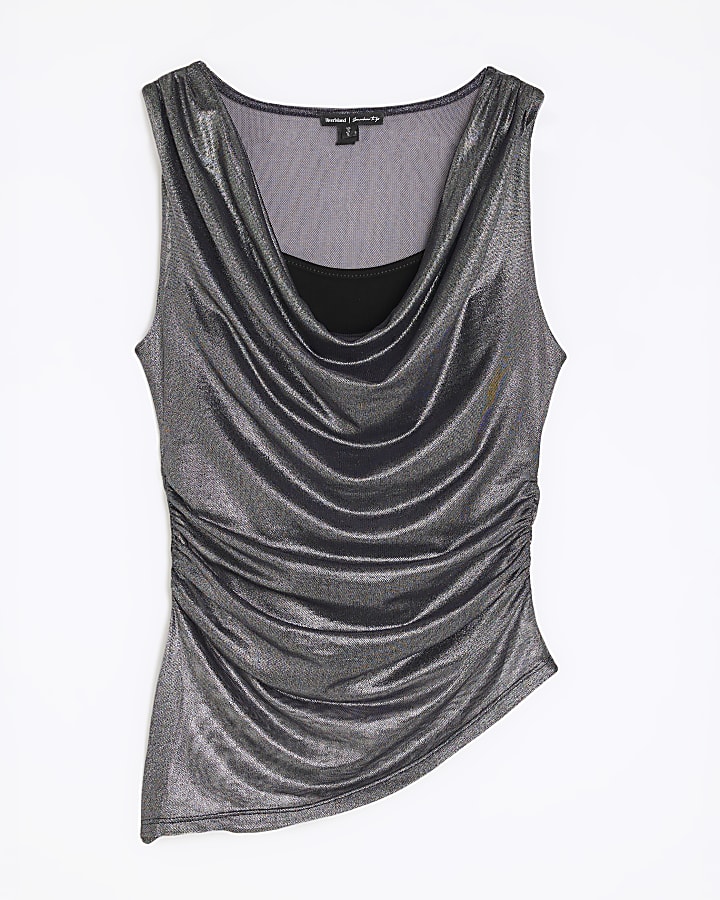 Silver Sleeveless Metallic Cowl Neck Top