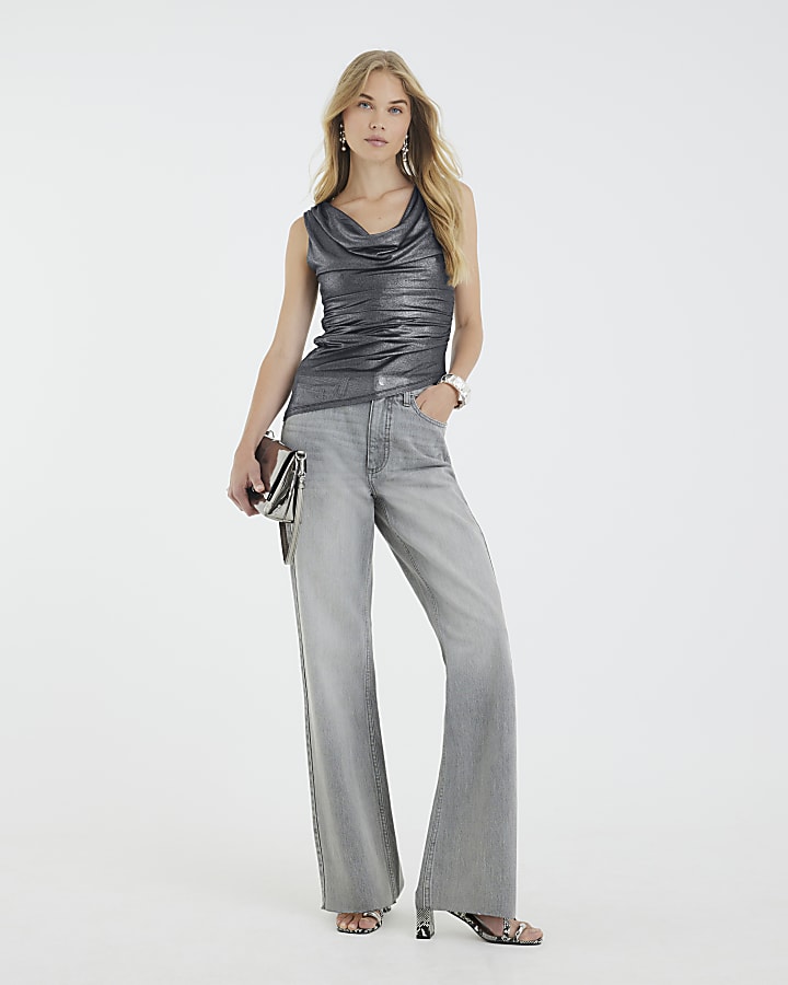 Silver Sleeveless Metallic Cowl Neck Top