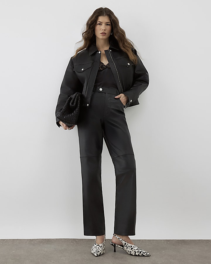 RI Studio Black leather straight leg trousers