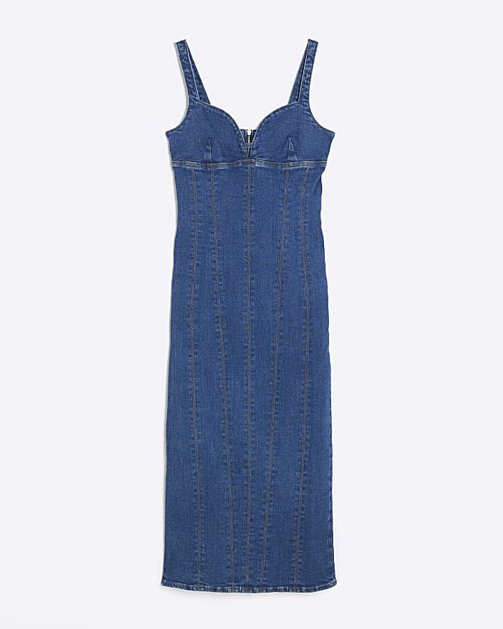 Blue Denim Plunge Neckline Bodycon Maxi Dress