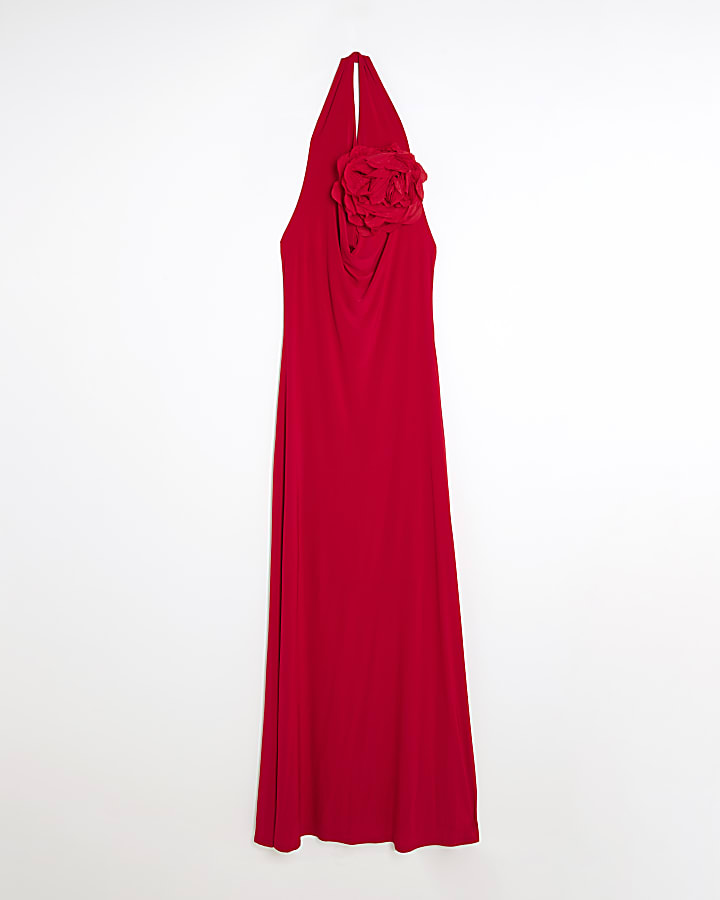 Red Cowl Neck Corsage Maxi Dress