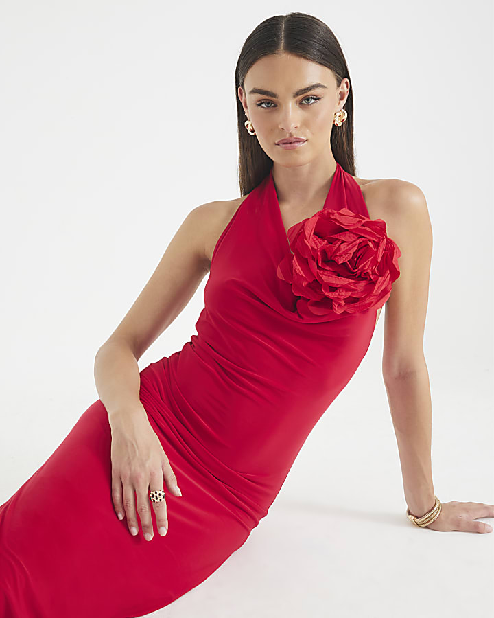 Red Cowl Neck Corsage Maxi Dress