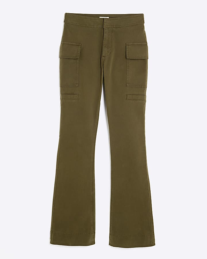 Khaki Twill Flared Cargo Trousers