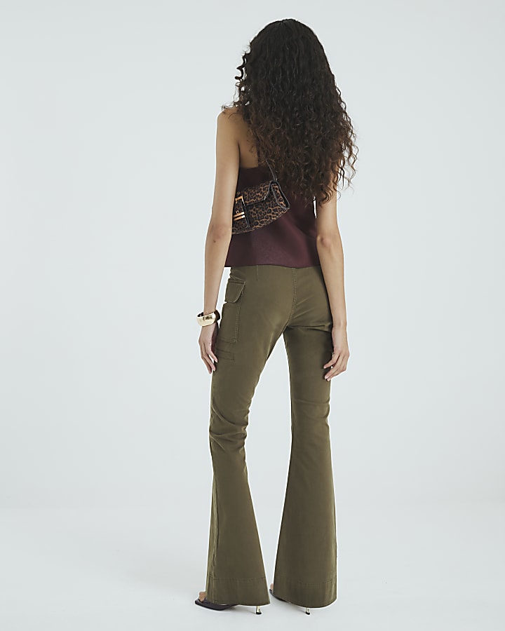 Khaki Twill Flared Cargo Trousers