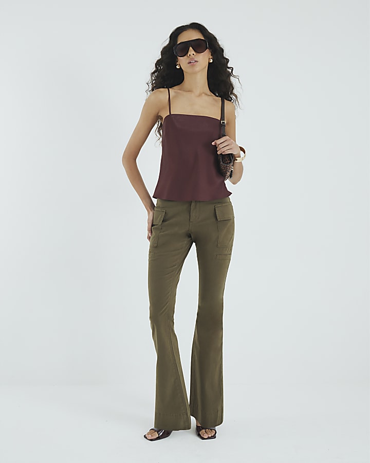 Khaki Twill Flared Cargo Trousers