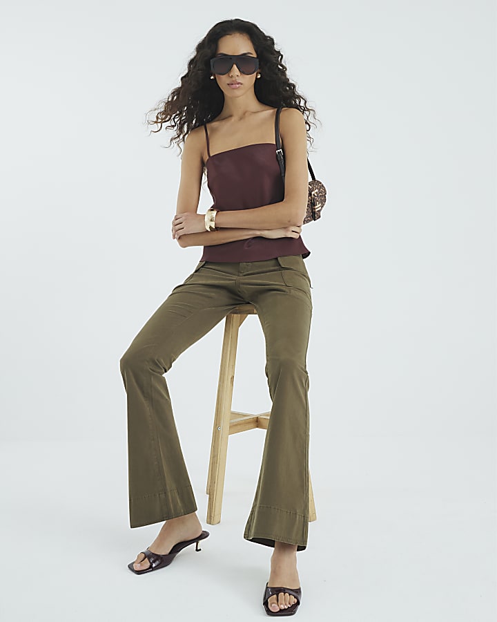 Khaki Twill Flared Cargo Trousers