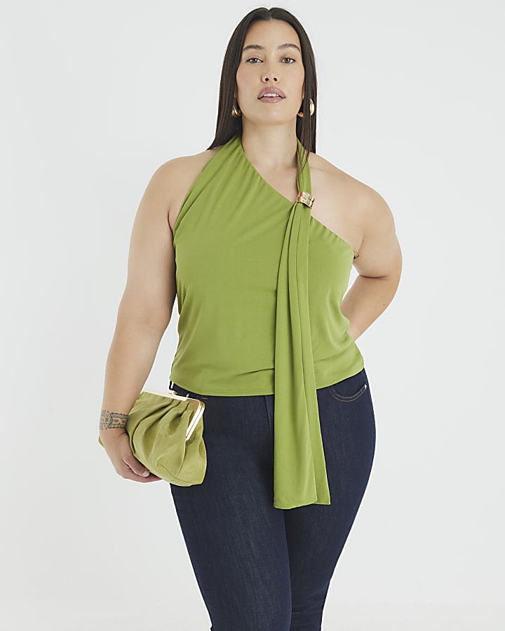 Green Sleeveless Scarf Neck Gold Trim Top