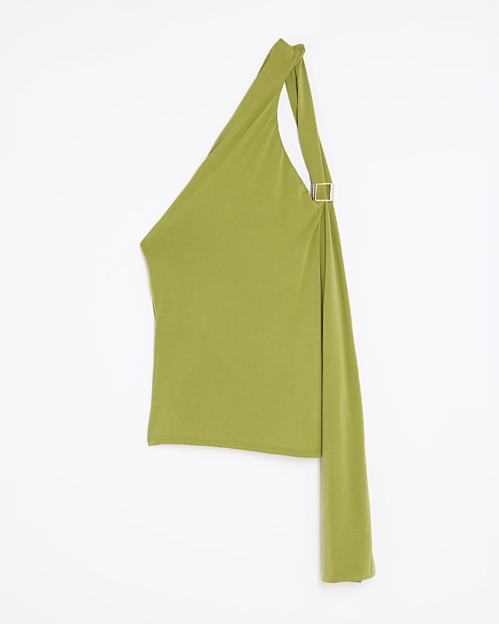 Green Sleeveless Scarf Neck Gold Trim Top