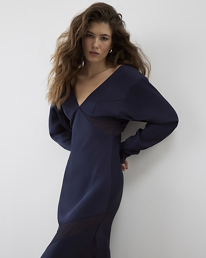 RI Studio Navy Mesh Fishtail Maxi dress