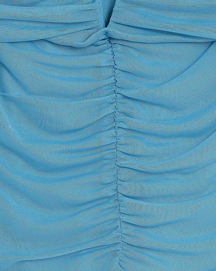 Blue Mesh Notch Bardot Bodysuit