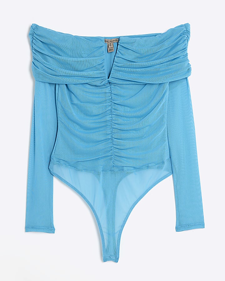 Blue Mesh Notch Bardot Bodysuit