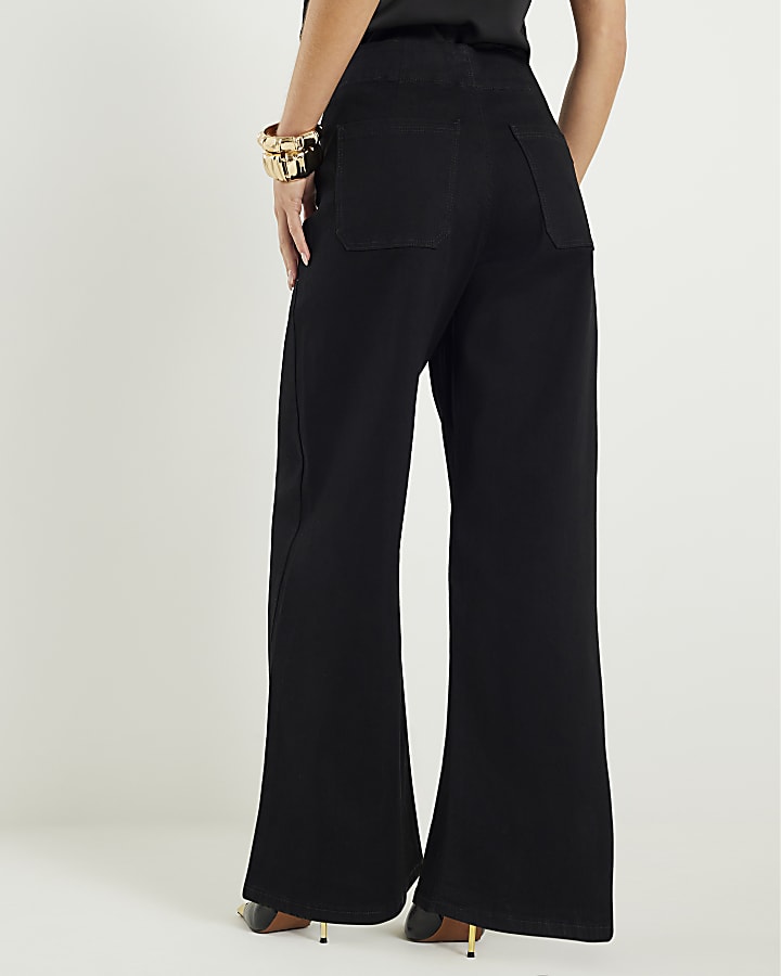 Petite Black Pull On Wide Leg Jeans