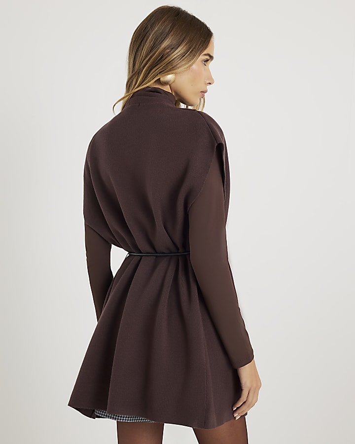 Brown Belted Sleeveless Cardigan
