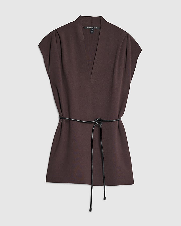 Brown Belted Sleeveless Cardigan