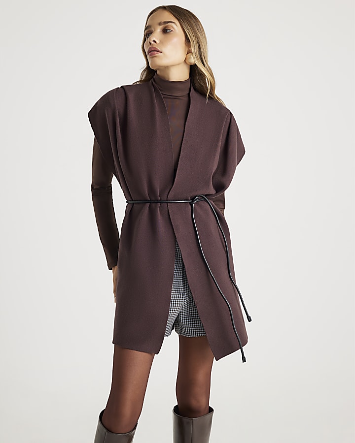 Brown Belted Sleeveless Cardigan