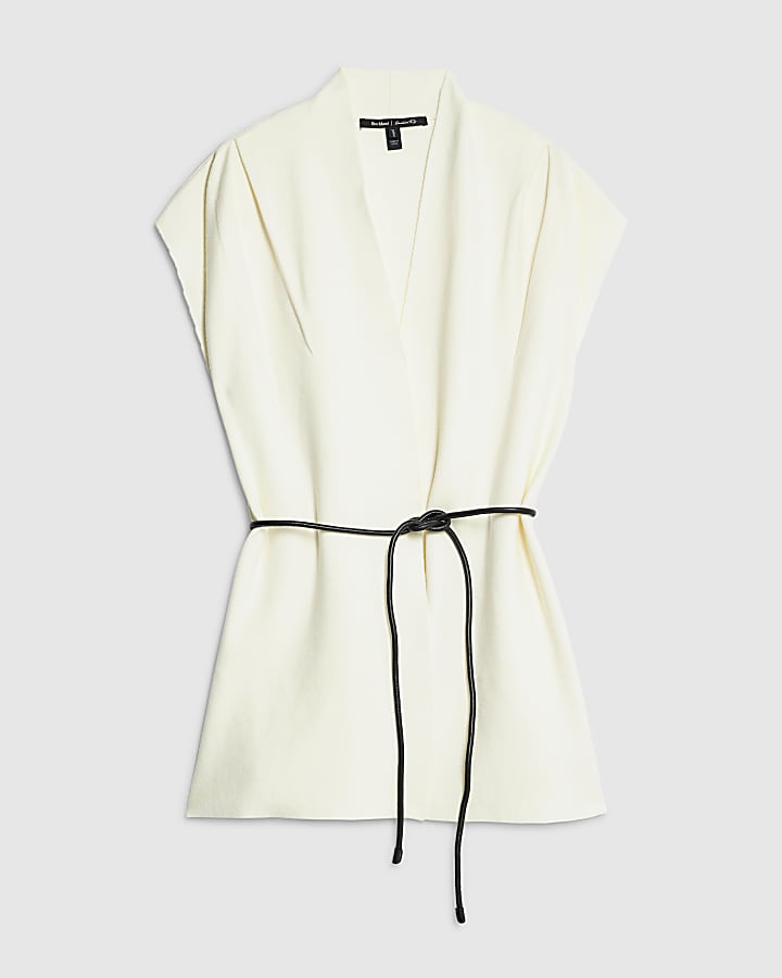 Cream Belted Sleeveless Cardigan