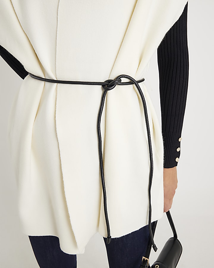Cream Belted Sleeveless Cardigan