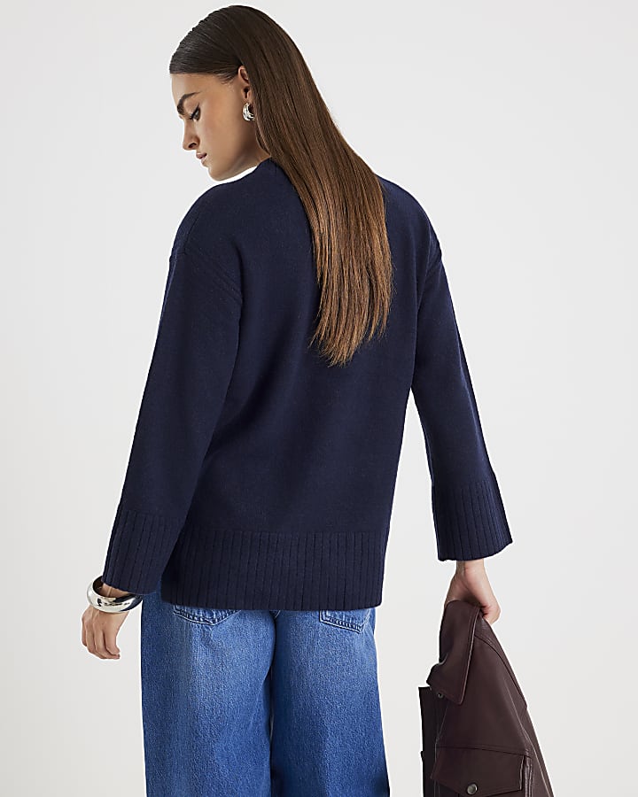 Navy Knitted Longline Crew Neck Jumper
