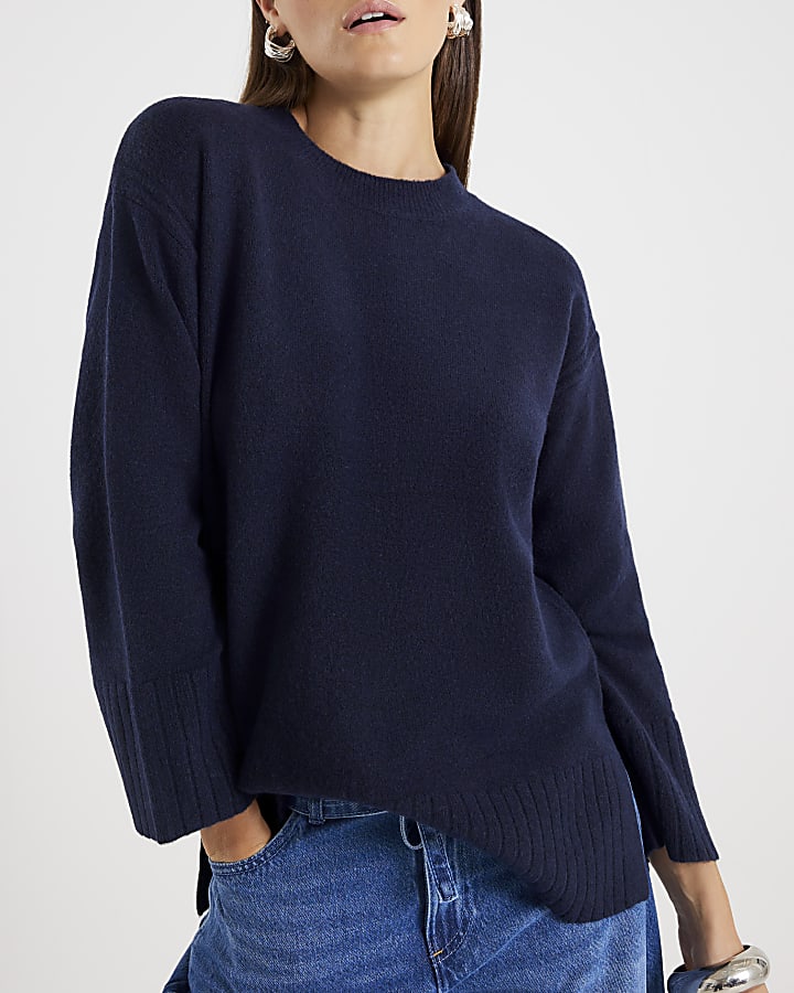 Navy Knitted Longline Crew Neck Jumper